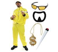 Disfraz de rapero de los años 90, XXL, traje de concha amarilla y negra para adultos + sombrero a juego + gafas de sol + cadena de dólar + Spliff jumbo + percha negra - Divertido disfraz de rapero