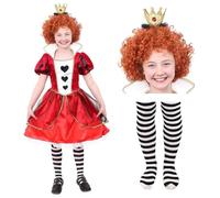 Disfraz de reina de corazones para niñas con peluca, corona y medias blancas y negras, traje del país de las maravillas para niños, Día Mundial del Libro, disfraz de la semana del libro y Halloween