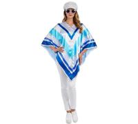 Disfraz de reina pop de los años 70 para adultos, poncho a rayas azules y plateadas, gafas con aspecto de diamante y sombrero de discoteca plateado, conjunto de disfraz de ícono de música bailando de