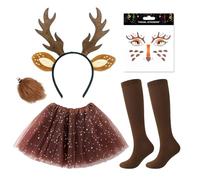 Disfraz de Reno para Mujer 5 piezas, Tocado Reno y falda de tul y calcetines, Reno Colas Tatuajes Temporales, Disfraz de Reno Animal Adulto, Disfraz Adultos Navidad Halloween Carnaval
