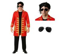 Disfraz de rey del pop para adultos, disfraz de estrella pop de estilo militar rojo con peluca rizada y lentes de aviador, disfraz de los años 80 para Halloween y cosplay