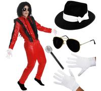 Disfraz de rey del pop para niños, grande, chaqueta y pantalones rojos y negros, sombrero Fedora negro, gafas de sol, guantes, micrófono, disfraz de Halloween para niños y niñas