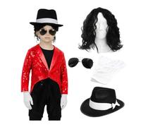 Disfraz de rey del pop para niños, pequeño, abrigo de lentejuelas rojas con peluca rizada negra, fedora, lentes de sol de aviador y guante de lentejuelas, disfraz de estrella pop para niños y niñas