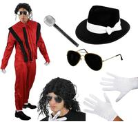 Disfraz de rey pop para adultos, XXL, chaqueta y pantalones rojos y negros, peluca afro relajada, sombrero Fedora negro, gafas de sol, guantes, micrófono, disfraz de Halloween para hombre y mujer