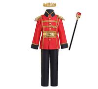 Disfraz de Rey Real de Halloween para Niños Disfraz de Príncipe Encantador Chaquetas con Pantalones y Accesorios de Corona Conjunto de Cuentos Infatiles Traje de Carnaval Rojo + Negro 8-10 años