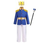 Disfraz de Rey Real de Halloween para Niños Disfraz de Príncipe Encantador Chaquetas con Pantalones y Accesorios de Corona Conjunto de Cuentos Infatiles Traje de Carnaval Azul + Blanco 5-6 años