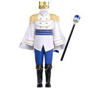 Disfraz de Rey Real de Halloween para Niños Disfraz de Príncipe Encantador Chaquetas con Pantalones y Accesorios de Corona Conjunto de Cuentos Infatiles Traje de Carnaval Blanco + Azul 5-6 años