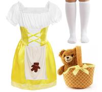Disfraz de Ricitos de Oro para niñas, vestido de cuento de hadas a cuadros amarillos con delantal blanco, calcetines y oso de peluche en una canasta, disfraz clásico de personaje de libro de cuentos