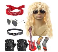Disfraz De Rockero De Los 80 Para Hombres - Set De Vestuario De Halloween 80S Rocker Star | 9pcs Traje De Metal De Heavy Metal Para Hombres Con Peluca | Pañuelo, Gafas De Sol, Guantes Y Accesorios Par