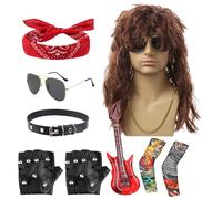 Disfraz De Rockero De Los 80 Para Hombres - Set De Vestuario De Halloween 80S Rocker Star | 9pcs Traje De Metal De Heavy Metal Para Hombres Con Peluca | Pañuelo, Gafas De Sol, Guantes Y Accesorios Par