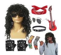 Disfraz De Rockero De Los 80 Para Hombres - Set De Vestuario De Halloween 80S Rocker Star | 9pcs Traje De Metal De Heavy Metal Para Hombres Con Peluca | Pañuelo, Gafas De Sol, Guantes Y Accesorios Par