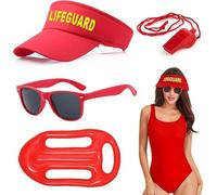 Disfraz de Salvavidas, 4 Piezas Accesorios Socorrista Disfraz Sombrero Ajustable Silbato Flotador Inflable y Gafas de Sol, para Adultos, Hombres, Mujeres, Halloween, Piscina, Carnaval y Carnaval