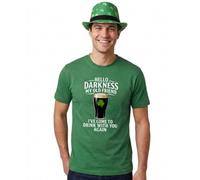 Disfraz de San Patricio para adultos, XXL, camiseta verde con estampado beige "Hello Darkness", sombrero de trébol irlandés verde, disfraz de celebración de Irlanda para hombre y mujer
