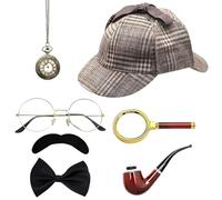 Disfraz De Sherlock Holmes, Set De 7 Accesorios De Detective: Sombrero De Detective, Lupa, Gafas De Metal, Pajarita, Barba, Reloj De Bolsillo y Silbato Para Halloween, Cosplay, Carnaval y Fiestas