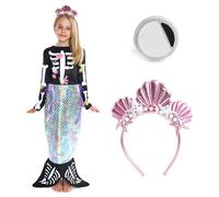 Disfraz de sirena de esqueleto de Halloween para niñas, de 12 a 14 años, vestido de esqueleto negro con falda de sirena iridiscente y diadema de concha rosa y pintura facial, disfraz de truco o trato