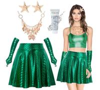 Disfraz de sirena para mujer - Falda de sirena | guantes de sirena | Collar de concha de estrella de mar | Gel con brillantina para el cuerpo | Horquilla de estrella de mar