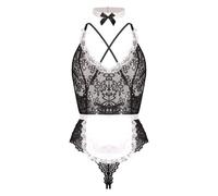 Disfraz de Sirvienta Sexy para Mujer, 3 piezas Conjunto de Disfraces Francesa Encaje Body Cuello en V Babydoll Traviesa Ropa Interior de Dormir Transparente Maid Cosplay Lencería Traje de Halloween