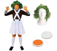 Disfraz de trabajadora de fábrica para niñas, talla M, falda de peto blanco, parte superior marrón con peluca verde y pintura facial naranja y blanca, disfraz de personaje de libro de cuentos para