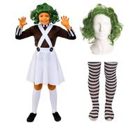 Disfraz de trabajadora de fábrica para niñas, talla XL, falda de peto blanco, parte superior marrón con peluca verde y medias a rayas marrones y blancas, disfraz de personaje de libro de cuentos para