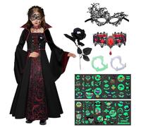 Disfraz de Vampiro Niñas, Disfraz Vampiresa Niña, Vestido de Vampiro con Collar, Dientes de Vampir-o, Rosa, Máscara y Tatuaje, Disfra-z de Bruja Reina Vampiresa para Halloween Carnaval Cosplay(140)