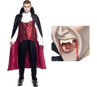 Disfraz de Vampiro para Hombre, Kit Drácula con Colmillos, Talla L