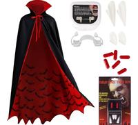 Disfraz de vampiro para niños, disfraz gótico de vampiro real de 90 cm con dobladillo de murciélago, colmillos de vampiroi, colmillos retráctiles y sangre artificial, disfraze de Halloween para niños