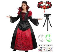 Disfraz de vampiro para niños y niñas, disfraz de drácula para niños, gótico, real, vampiro, reina, cosplay, con accesorios, collar, dientes, Halloween, carnaval, fiesta temática, juego de vestido