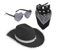Disfraz de vaquera, 3 brillantes sombreros de vaquera, tela no tejida y acrílico, disfraz de para mujer, sombrero de brillante con pañuelo de gafas de corazón, suministros de disfraces