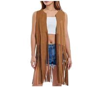 Disfraz de vaquera hippie para disfraz, disfraz de vaquera para discoteca, carnaval, mujer, chaleco con flecos, disfraz hippie de los años 70, sin mangas, ropa exterior de ante sintético con borla