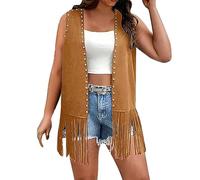 Disfraz de vaquera para mujer, chaleco sin mangas de ante sintético, hippie con flecos, chaqueta suave, chaquetas marrones retro de los años 70, cuero frontal abierto remachado