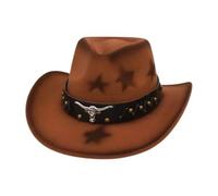 Disfraz de vaquero hippie 2026, sombrero de vaquero occidental con diseño de cabeza de toro y patrón de estrella para un sombrero de vaquero moderno con parte superior de corazón, caqui, Talla única