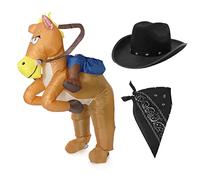 Disfraz de vaquero para adultos, caballo inflable para montar, sombrero de vaquero negro, bandana de cachemira negra, disfraz de disfraz del salvaje oeste para adultos