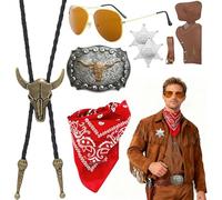 Disfraz de vaquero para hombre, juego de 8 piezas, bandana, funda de pistola, estrella de sheriff; 2 hebillas, collar, gafas de sol y cinturón. Traje occidental, para disfraz de carnaval para hombre