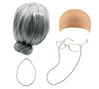 Disfraz de viejo para niños, juego de disfraces para pelucas de 100 días escolares | Juego de gafas con cadena, gorro para peluca, collar para niñas (juego de 5)