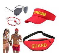 Disfraz de vigilante de la playa, disfraz de salvavidas de Halloween - Conjunto de disfraz de ajustable,Accesorios Baywatch con visera solar, riñonera y silbato para gafas de sol