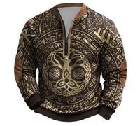 Disfraz de vikingo para hombre, sudadera medieval, sudadera con mitología nórdica, cierre de media cremallera, manga larga, con cremallera 1/4, jersey de invierno, 05 negro., L