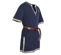 Disfraz de vikingo para hombre, túnica medieval de Ailrik, túnica renacentista, mercenario, disfraz escocés, guerrero, manga corta, camisa vikinga, disfraz de guerra, O azul., XXXL