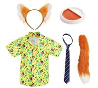 Disfraz de zorro de ciudad para adultos, XXL, camisa hawaiana amarilla, corbata a rayas azules y beige, orejas y cola de zorro, pintura facial naranja y blanca, disfraz de película de televisión para