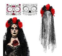 Disfraz del día de para mujer - casco del día de para mujer | diadema floral de encaje negro, guantes, collar y pegatinas | Catrina Halloween Cosplay Party Stage Performance
