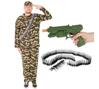 Disfraz del ejército para hombre con pistola de juguete y cinturón de bala. Disfraz de soldado de acción para hombre. Traje de camuflaje en verde, caqui, marrón y beige. Chaqueta del ejército +
