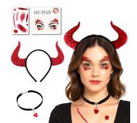 Disfraz Diablo Mujer, Cuernos Demonio Diadema, Collar Gótico, Brillantes para la Cara, Cicatrices Heridas Tatuajes, Disfraz Demonio Accesorios Hombre Adulto Niña Diablesa Mujer Para Halloween Carnaval