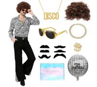 Disfraz Disco Hombre, Disfraz Disco Años 70 con Accesorios Discoteca, Gafas, Collar, Años 70 60 Disfraces para Disfraces Hombre Carnaval Discoteca Fiesta Festival, Cosplay, Halloween (Plata, XL)
