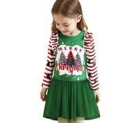 Disfraz Elfo Bebe, Vestido de fiesta para niñas, elegante vestido de manga larga con dobladillo de encaje floral y falda verde a capas para las fiestas. (Green, 5-6 Years)