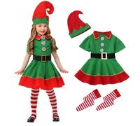 Disfraz Elfo Niña Niño Traje Navideño de Duende Disfraz de Elfa para Niños Niñas Conjunto de Elfos Vestido Verde Y Rojo con Gorro Y Medias Disfraces Ropa de Fiesta Escolar Y Espectáculos de Santa