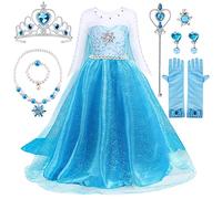 Disfraz Elsa Frozen, Vestido de Princesa Elsa con Accesorios de Collar de Varita de Hadas de Corona, Disfraz de Elsa Frozen, Vestido Elegante para Desfile de Cosplay de Dama de Honor de Fiesta (110)