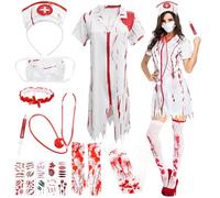 Disfraz Enfermera Halloween Mujer, Disfraz Zombie Mujer, Vestido de Enfermera con Calcetines de Sangre y Gorra, Enfermeras Zombie Accesorios, Disfraces de Halloween para mujer Carnaval Cosplay