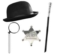 Disfraz excéntrico de boxeador para adultos, sombrero de bolos negro, insignia de sheriff plateada, bastón de caminar estilo plateado, monóculo en cuerda, disfraz deportivo británico para hombre