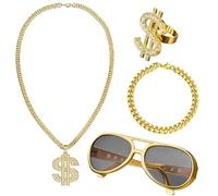 Disfraz genérico Pimp - Disfraz Hip Hop Per Uomo, Set 4 Pezzi Anni '80 '90 | Catena Oro Finta, Occhiali Da Sole Punk, Anello Segno Dollaro, Outfit Rap Per Festa, Carnevale, Cosplay Uomo Donna