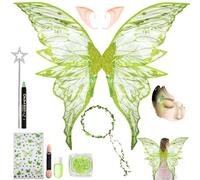 Disfraz Hada,Alas de Had Orejas de Elfo+Guirnalda +Varita Mágic Calcomanías Faciales,Disfraz Carnaval Niña Mariposa Niña,para Carnaval,Cosplay,Mascaradas,Halloween (Verde)