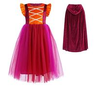 Disfraz Halloween de Bruja para Niña Hocus Pocus Terciopelo Manga Volante Tul Vestido con Capa con Capucha Pelucas Sanderson Hermanas Carnaval Cumpleaños Cosplay de Fiesta Borgoña 9-10 años